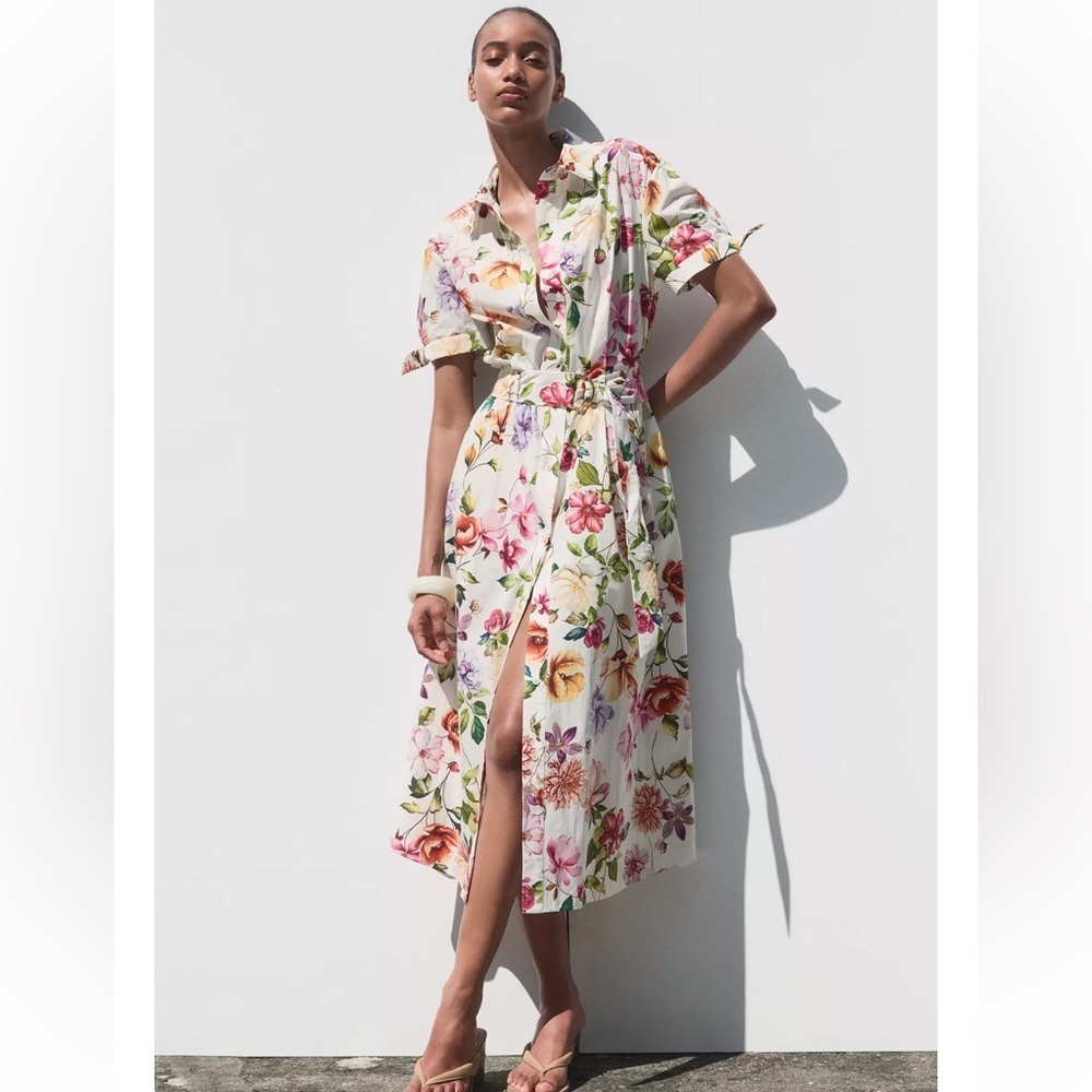 Zara Printed Poplin Midi Dress